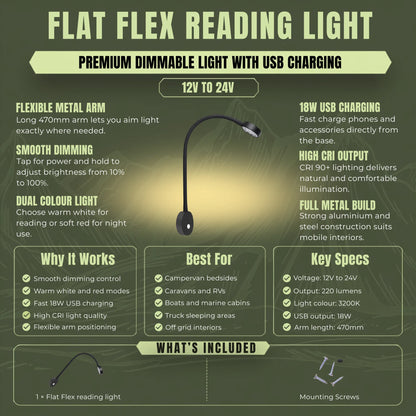 Flat flex LED reading light for adjustable bedside lighting in touring vehicles