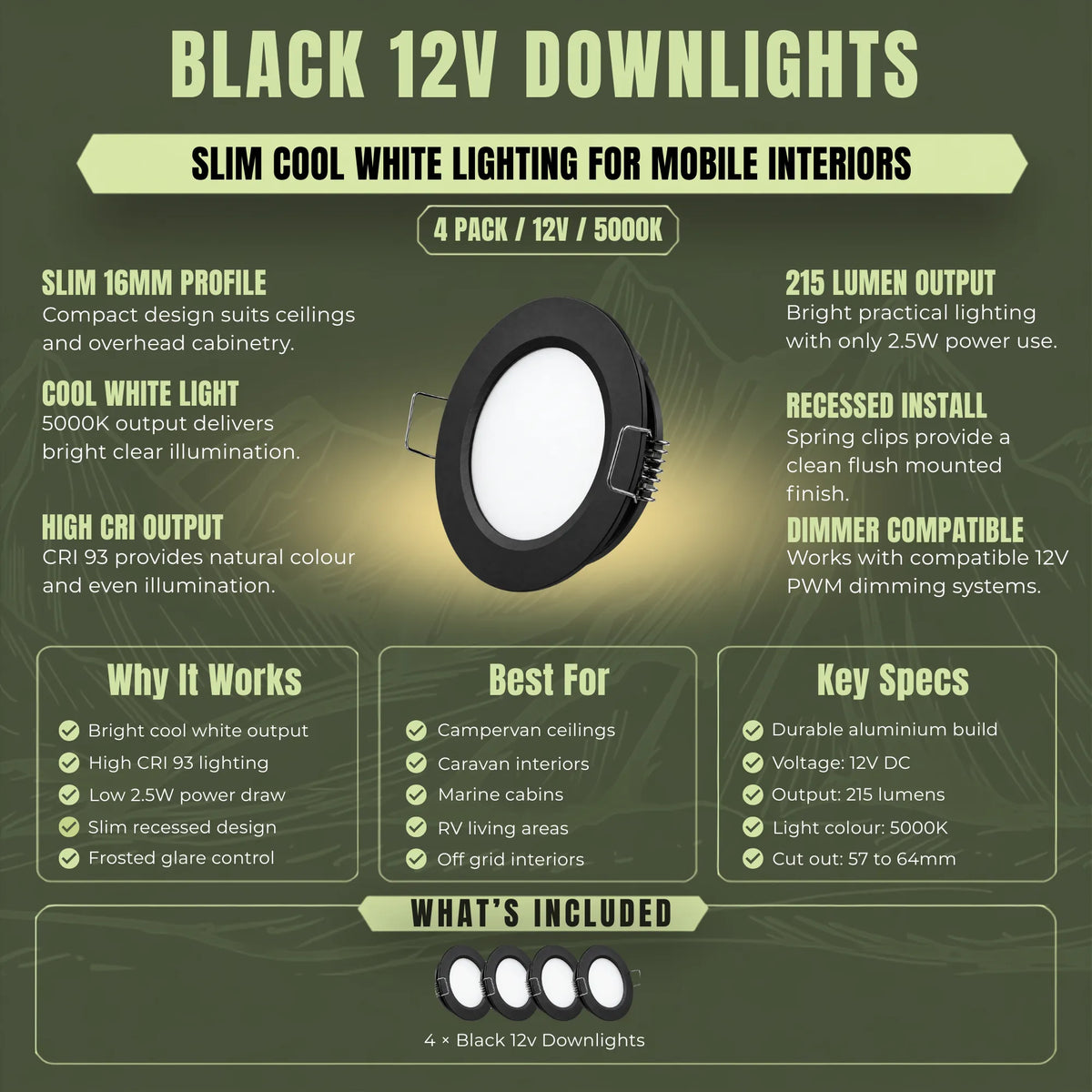 Black LED ceiling light set with cool white output for campervan installations