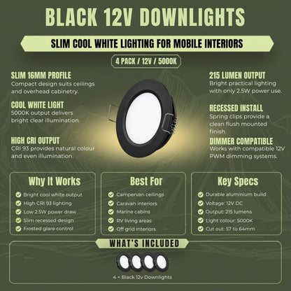 Black LED ceiling light set with cool white output for campervan installations
