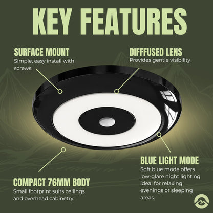 Four black Treklo campervan dome lights with dimmer control for customised interior brightness