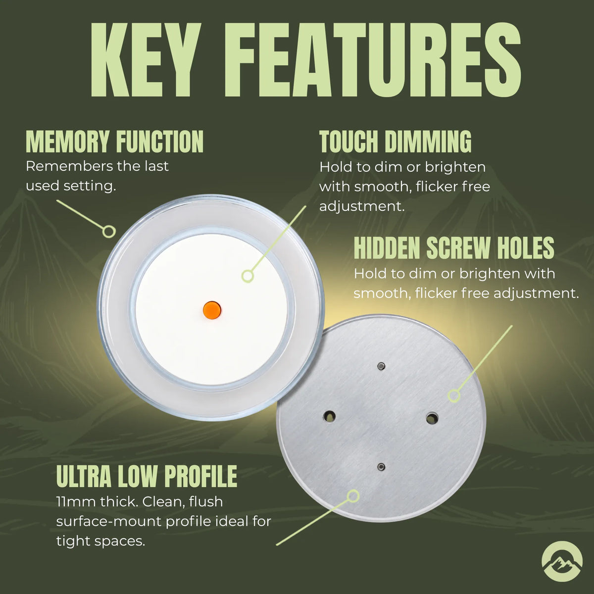 Four dimmable motorhome ceiling discs with warm output for relaxing bedrooms and lounge areas