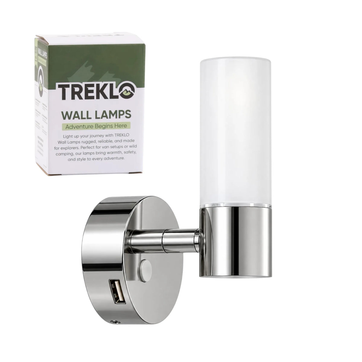 Glo reading light in chrome for camping, touring, and off grid vehicle interiors