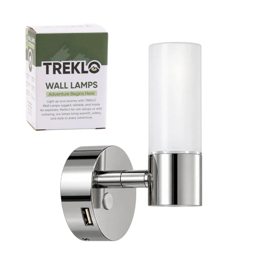 Glo reading light in chrome for camping, touring, and off grid vehicle interiors