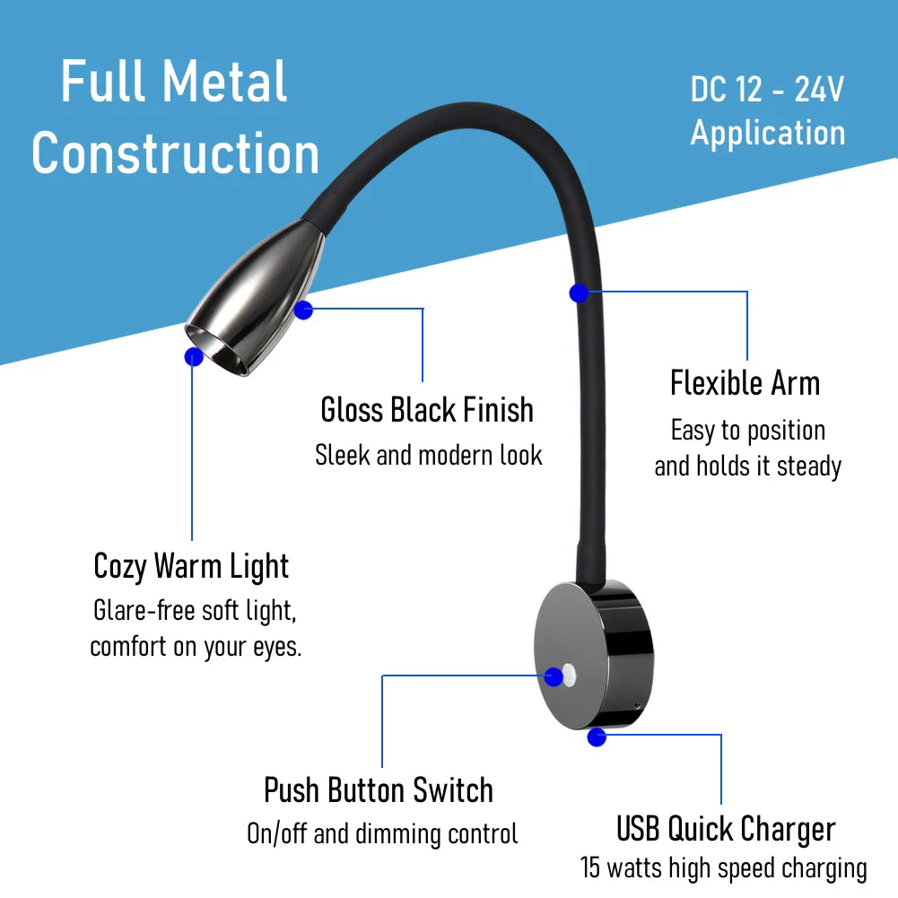 compact wall-mounted reading light in black finish