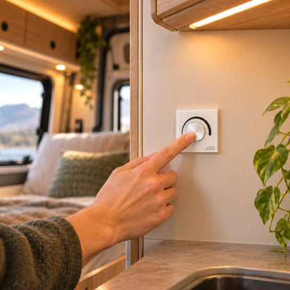 Hand pressing the T1-K white rotary dimmer knob to switch campervan LED lighting on and off