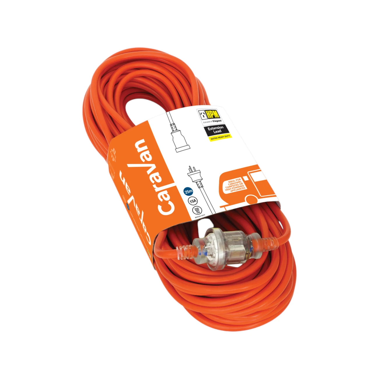 HPM caravan extra heavy-duty 15A power lead 25m orange for caravan, rv, and campervan power connections