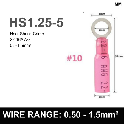 RED M5 Heat Shrink Ring Terminal, 0.5mm² to 1.5mm² Wire Size (Pack of 100)