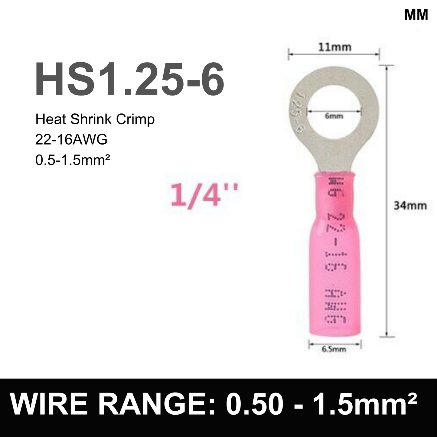 RED M6 Heat Shrink Ring Terminal, 0.5mm² to 1.5mm² Wire Size (Pack of 100)