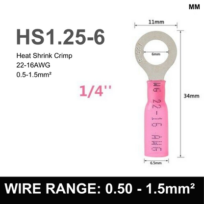 RED M6 Heat Shrink Ring Terminal, 0.5mm² to 1.5mm² Wire Size (Pack of 100)