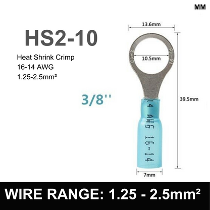 BLUE M10 Heat Shrink Ring Terminal, 1.25mm² to 2.5mm² Wire Size (Pack of 100)