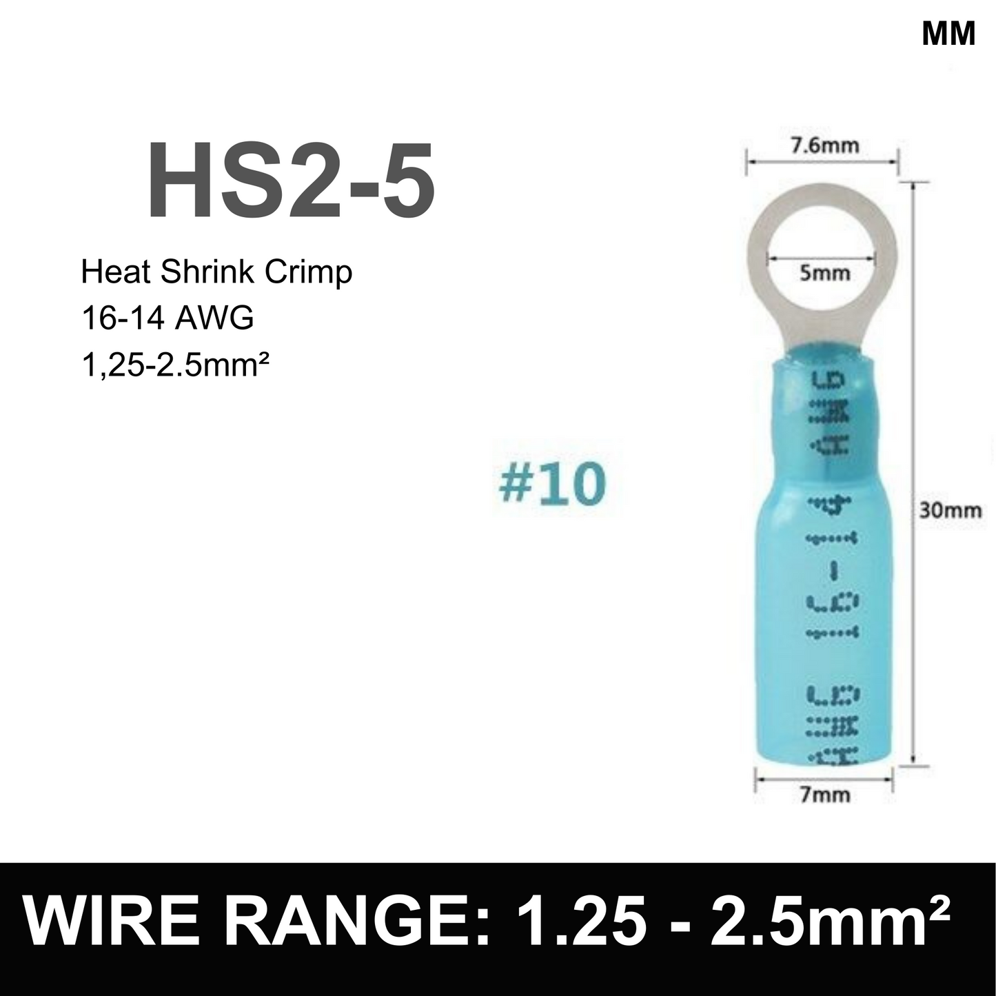 BLUE M5 Heat Shrink Ring Terminal, 1.25mm² to 2.5mm² Wire Size (Pack of 100)