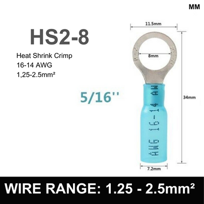 BLUE M8 Heat Shrink Ring Terminal, 1.25mm² to 2.5mm² Wire Size (Pack of 100)