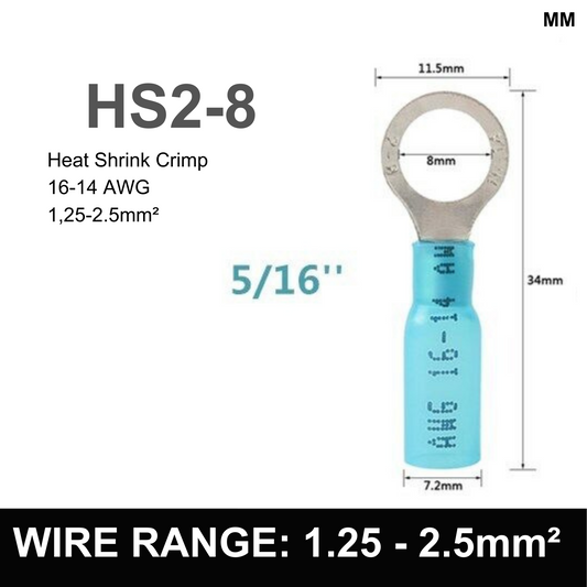 BLUE M8 Heat Shrink Ring Terminal, 1.25mm² to 2.5mm² Wire Size (Pack of 100)