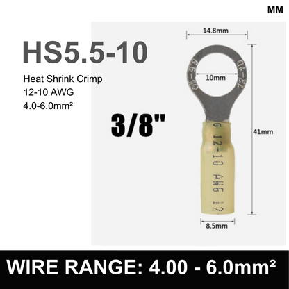 YELLOW M10 Heat Shrink Ring Terminal, 4.00mm² to 6.00mm² Wire Size (Pack of 100)