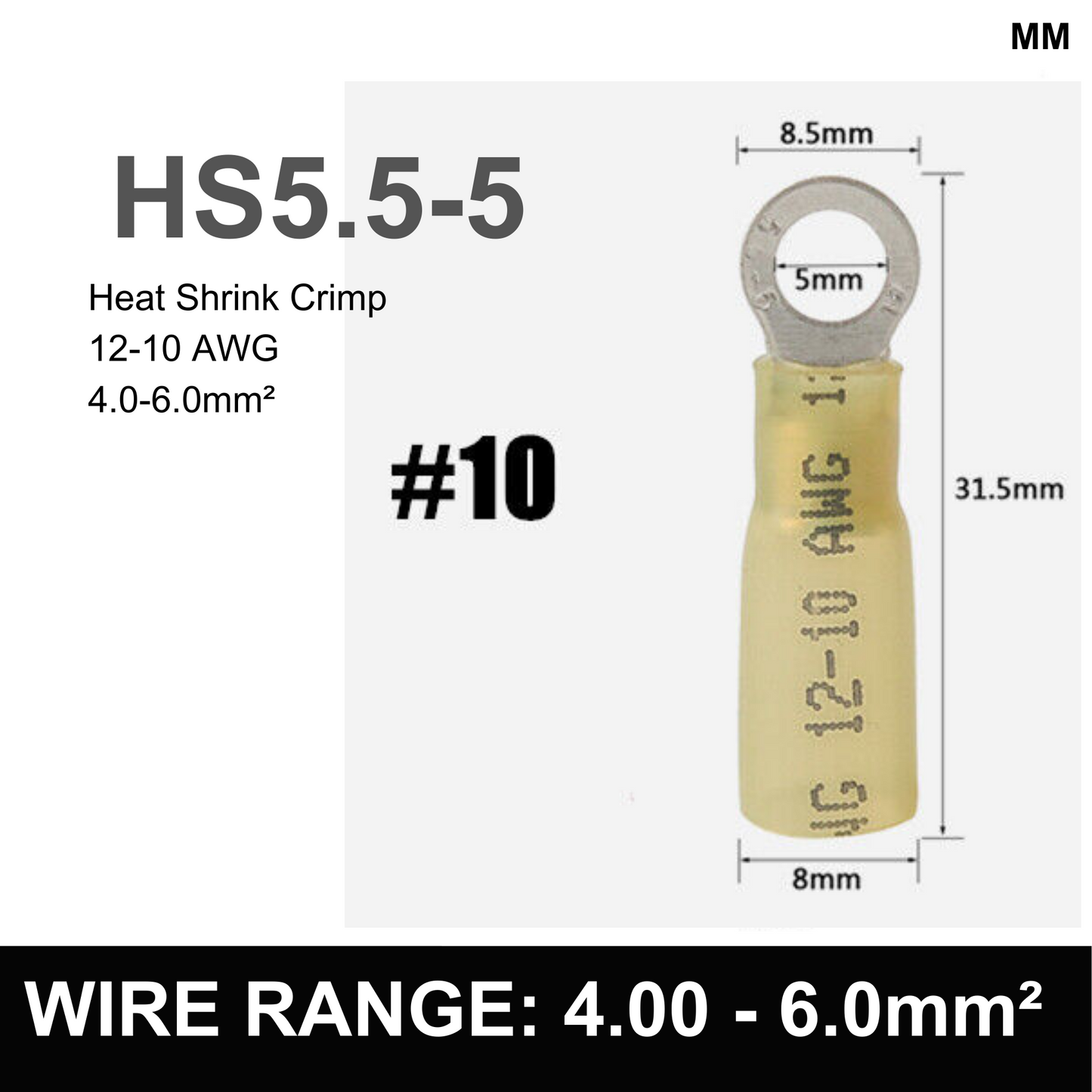 YELLOW M5 Heat Shrink Ring Terminal, 4.00mm² to 6.00mm² Wire Size (Pack of 100)