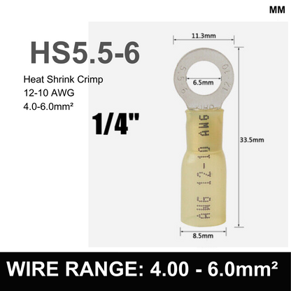 YELLOW M6 Heat Shrink Ring Terminal, 4.00mm² to 6.00mm² Wire Size (Pack of 100)