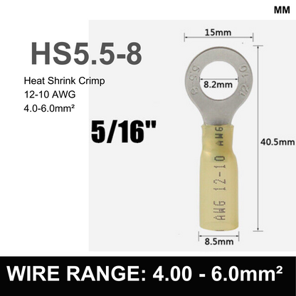 YELLOW M8 Heat Shrink Ring Terminal, 4.00mm² to 6.00mm² Wire Size (Pack of 100)