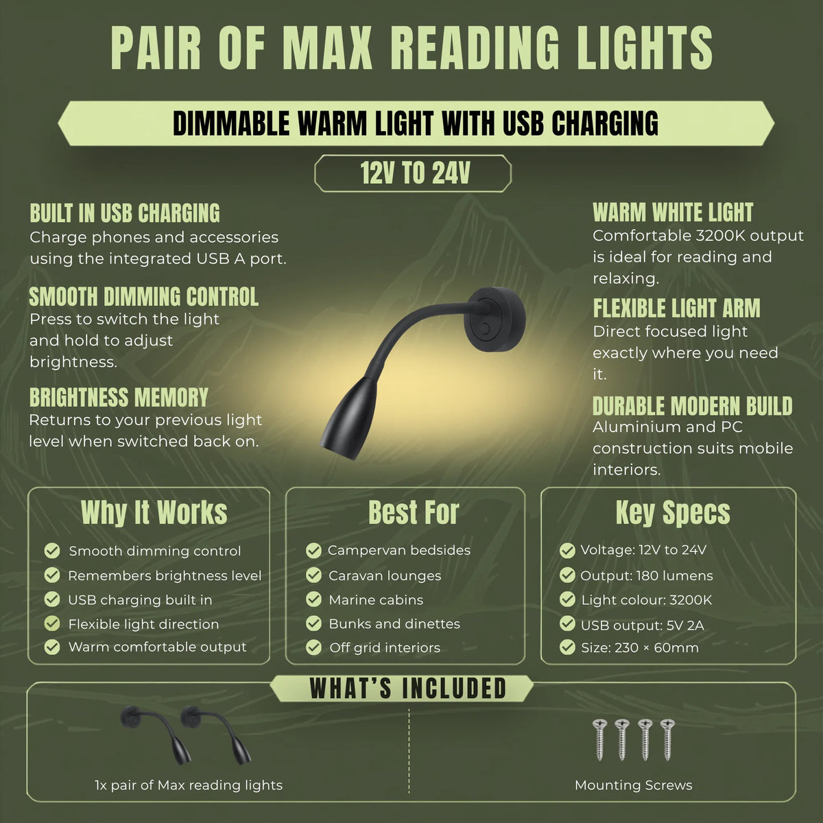 Dimmable 12v reading lights with integrated USB charging for campervan interiors