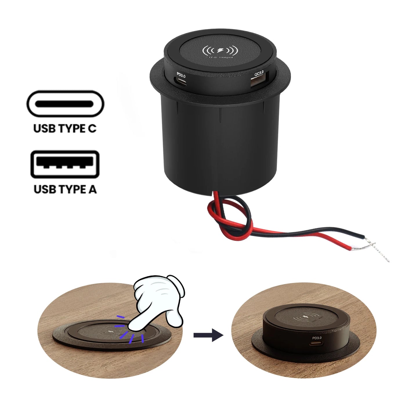 12v Wireless Pop Up USB-C + USB-A Phone Charger