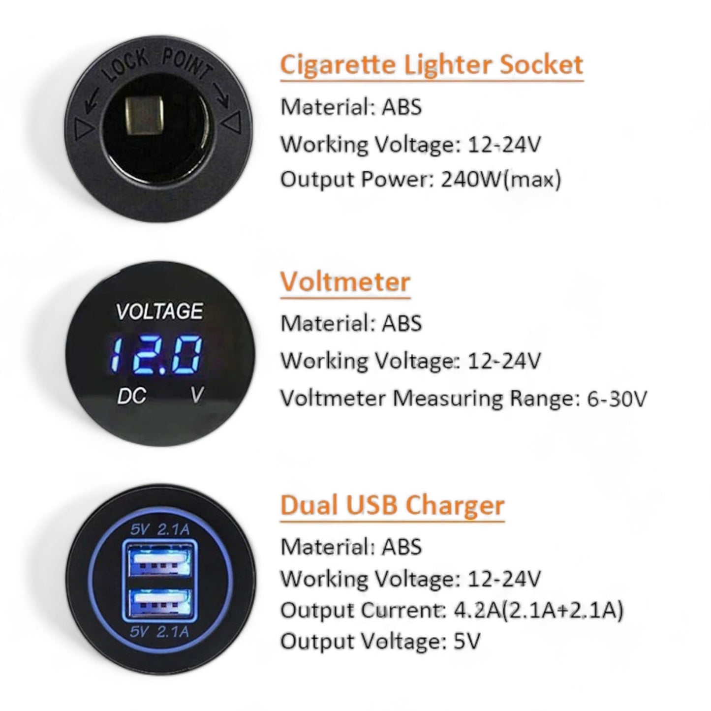 4 In 1 USB, 12v Socket, Voltmeter and Switch (Square Surface Mount)