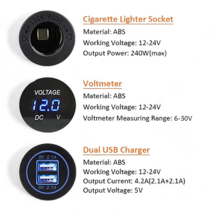 4 In 1 USB, 12v Socket, Voltmeter and Switch (Square Surface Mount)