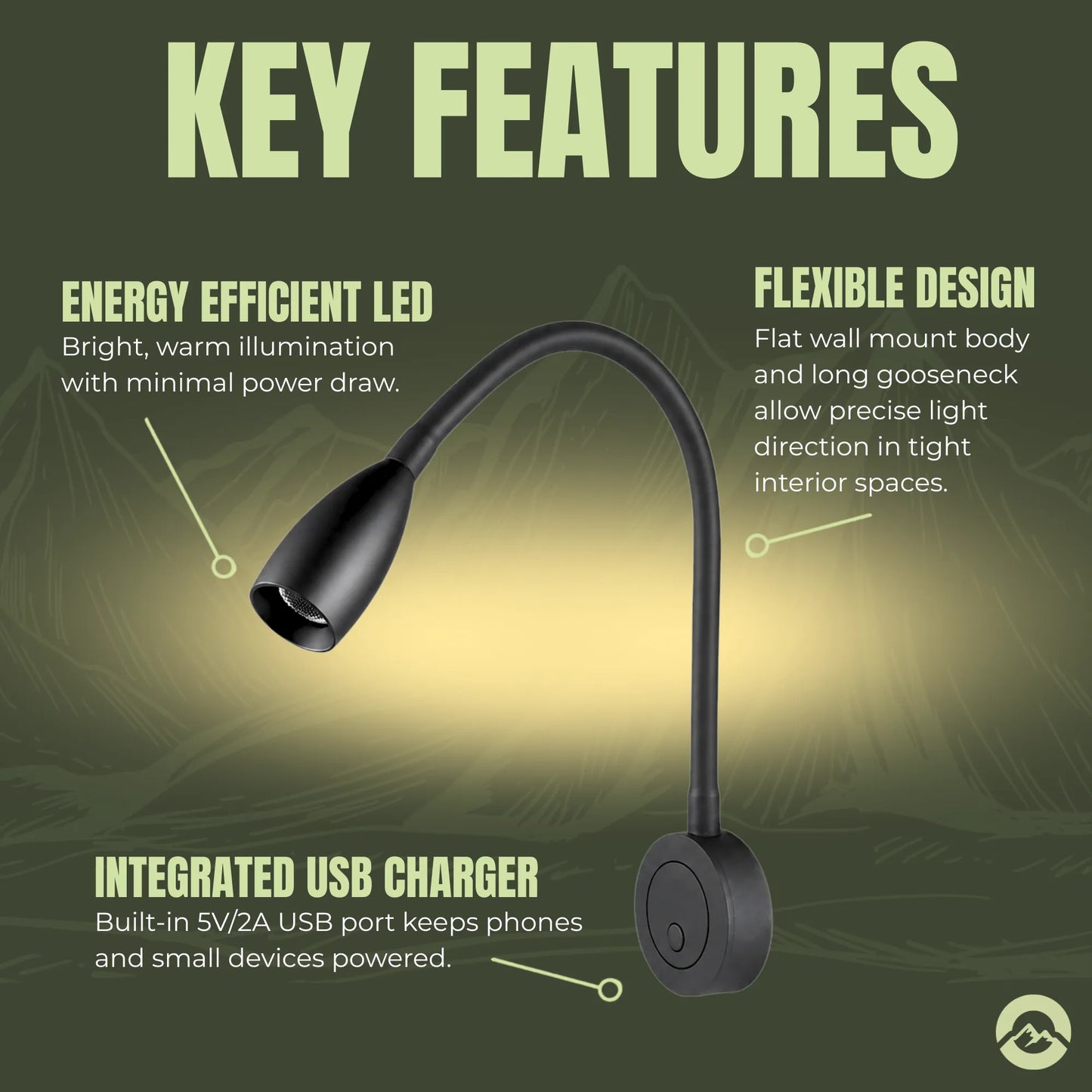 RV dimmable reading light for modern touring vehicle interiors