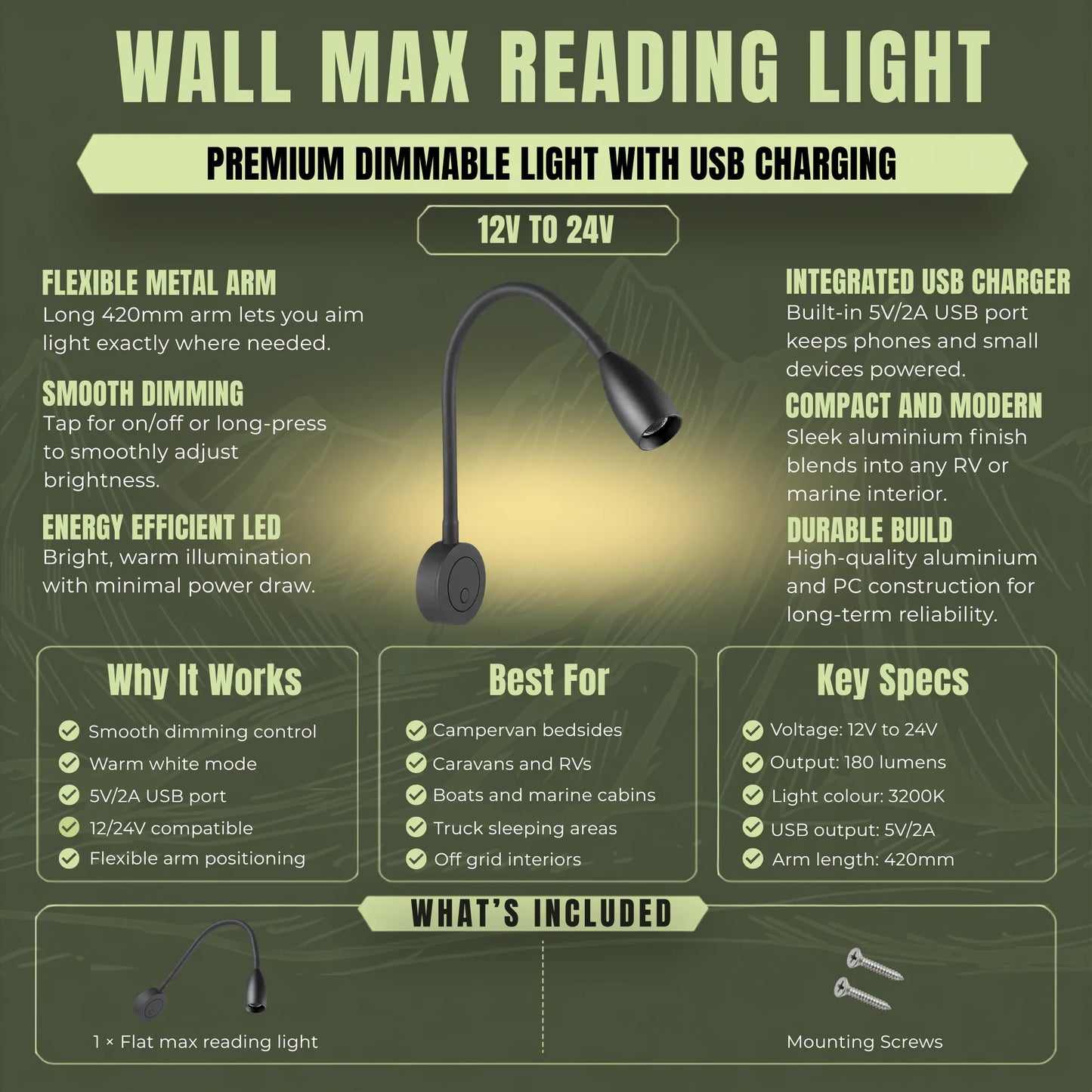Max LED reading light with touch dimming for comfortable bedside lighting