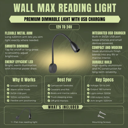 Max LED reading light with touch dimming for comfortable bedside lighting