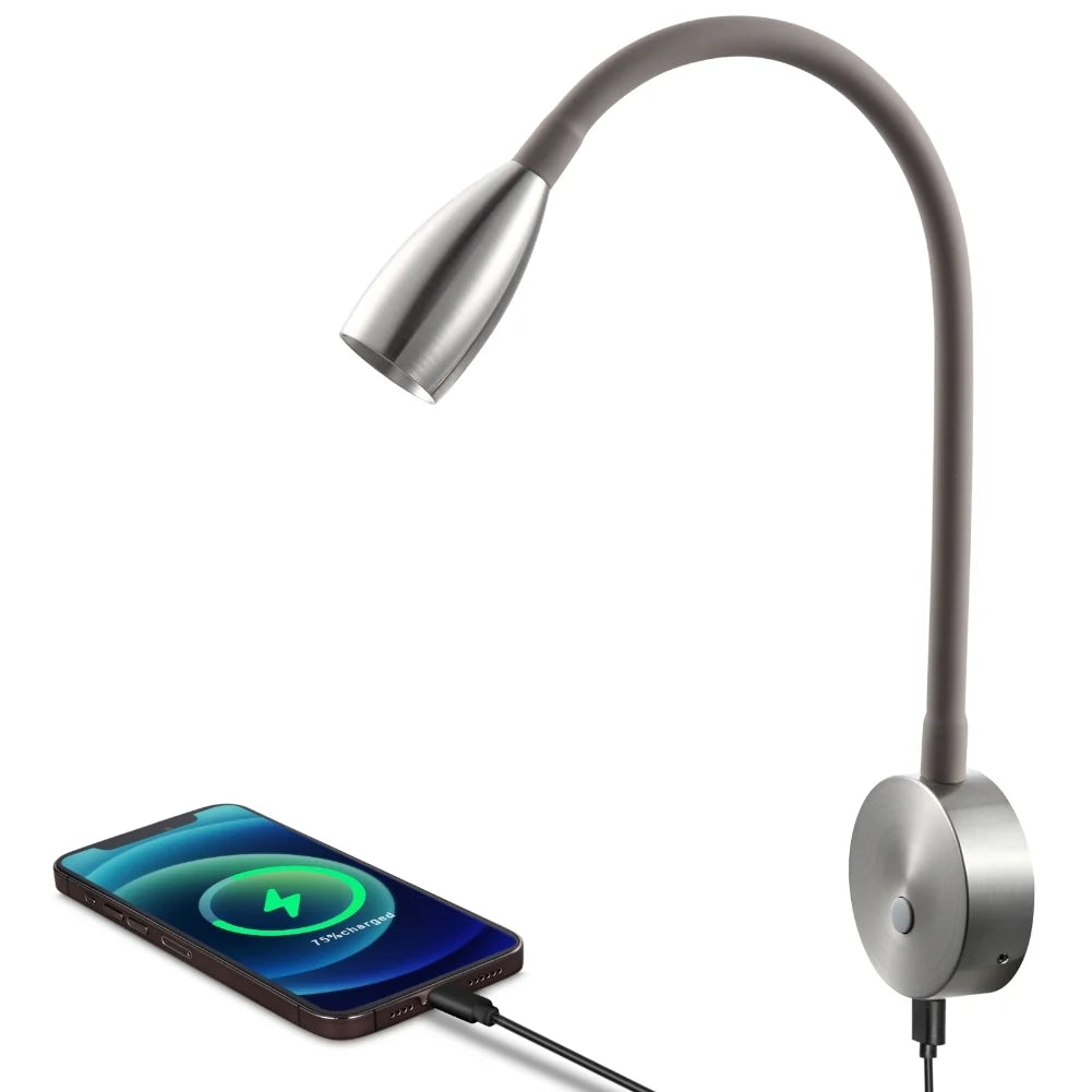 LED reading lamp in nickel finish shown plainly