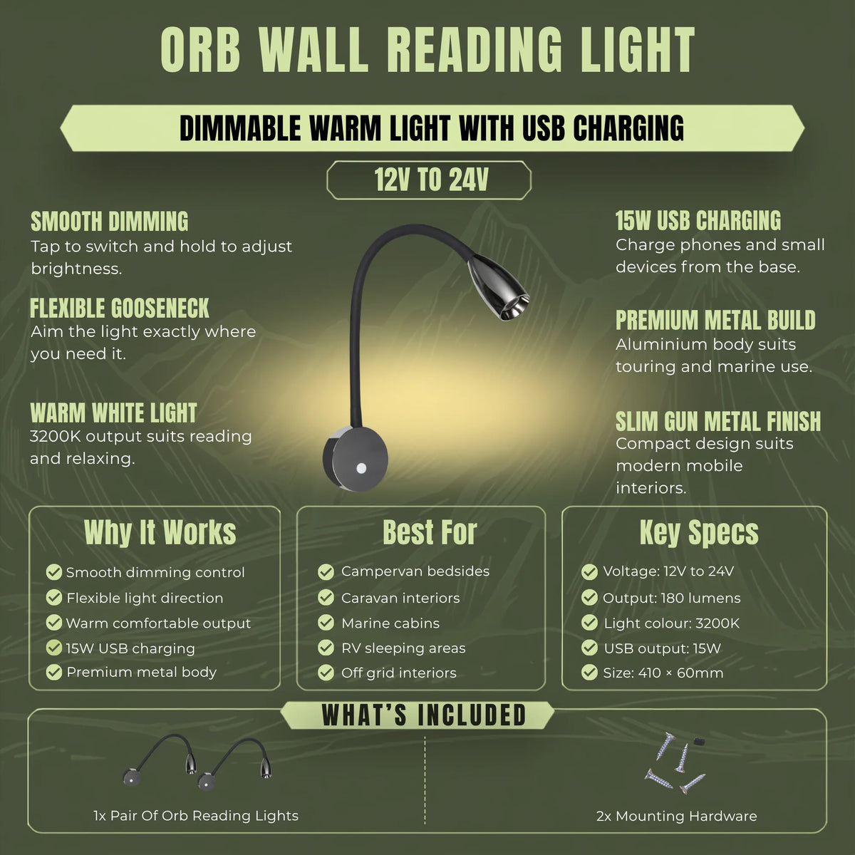 Gun metal gloss black LED wall reading light for adjustable bedside lighting in touring vehicles