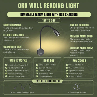 Gun metal gloss black LED wall reading light for adjustable bedside lighting in touring vehicles
