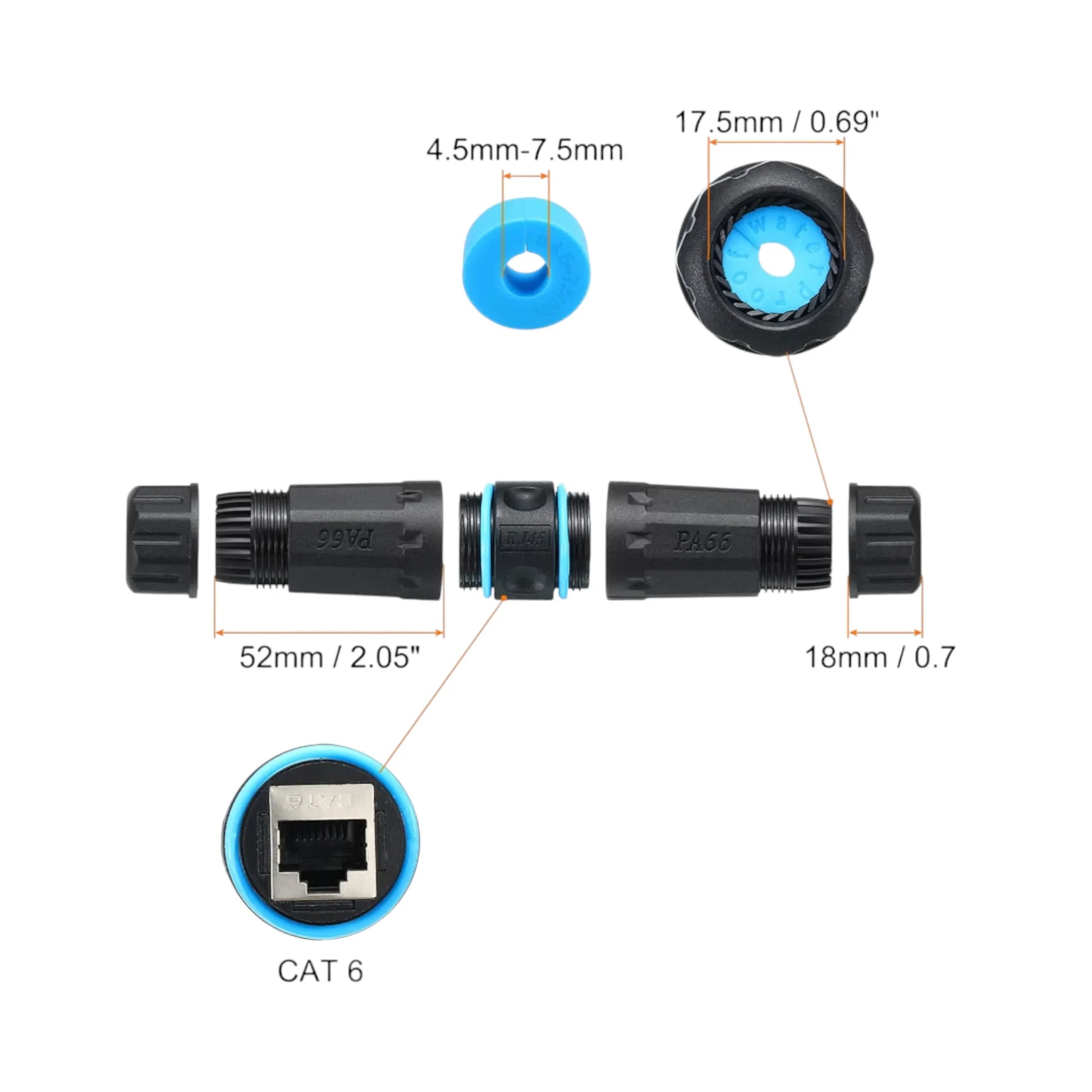 RJ45 CAT6 waterproof inline connector with cable glands