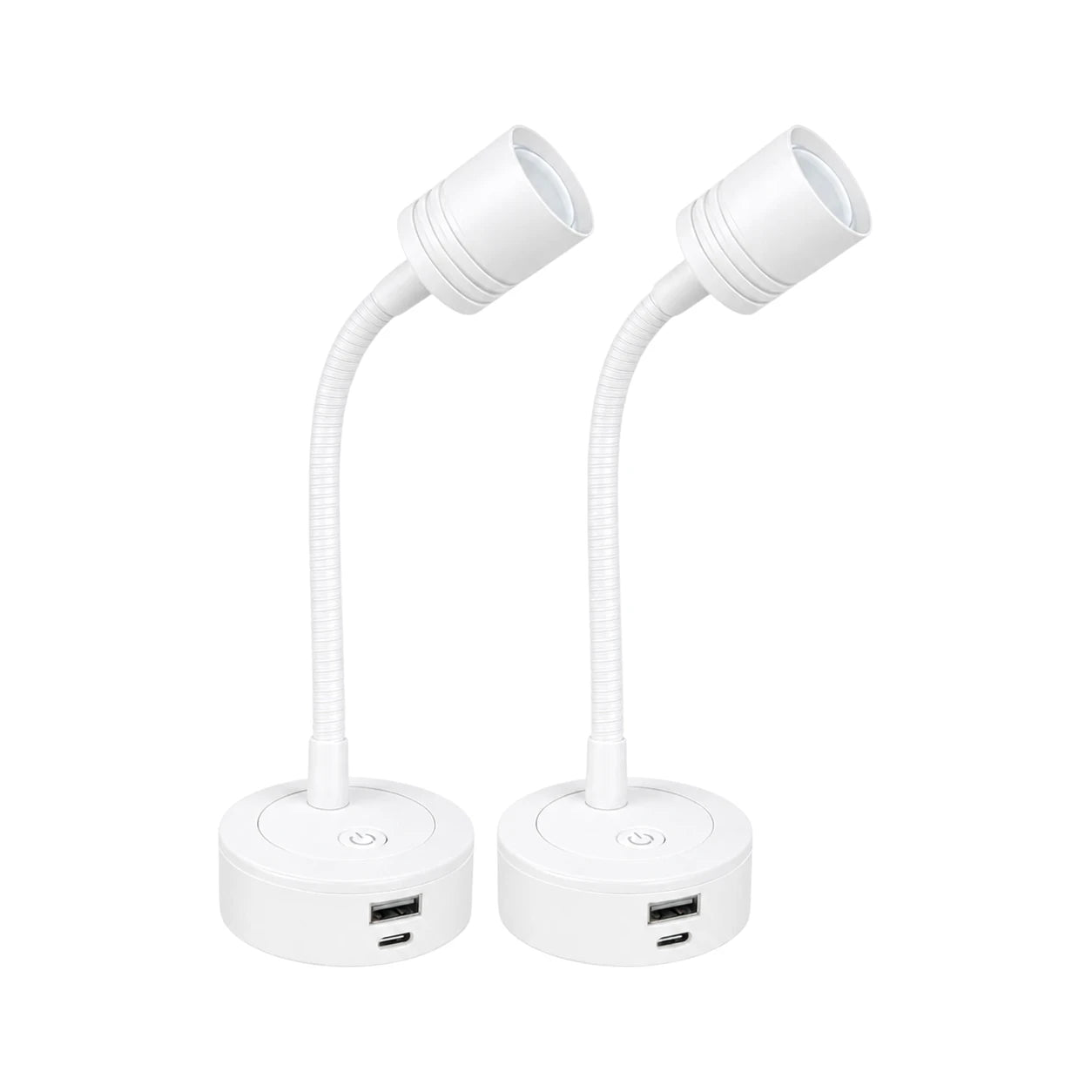 Pair of white Pro reading lights with USB-C USB-A charging and dimming for caravan, rv, and campervan interiors