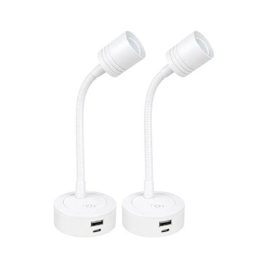 Pair of white Pro reading lights with USB-C USB-A charging and dimming for caravan, rv, and campervan interiors