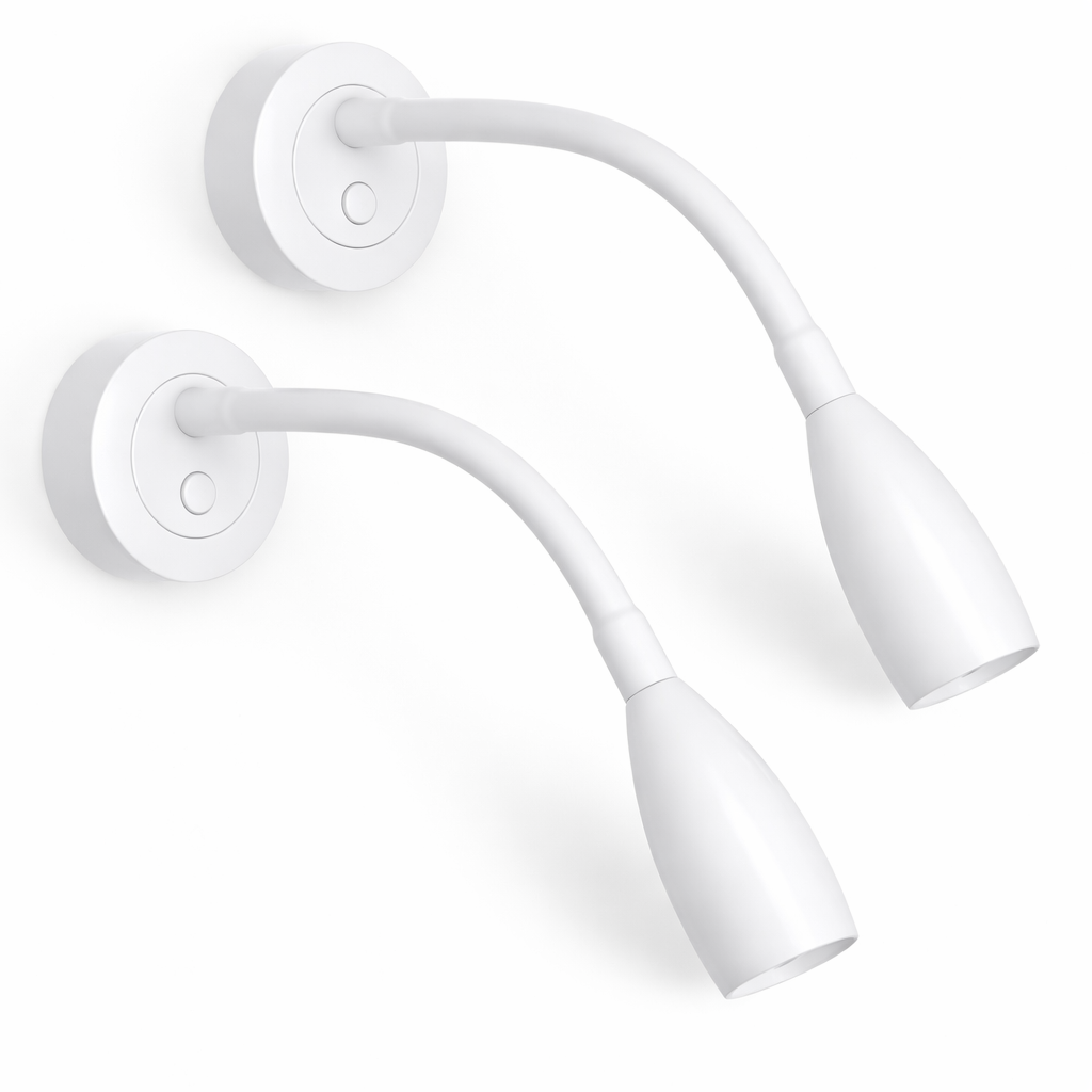 pair of white reading lights with usb c charging and dimming