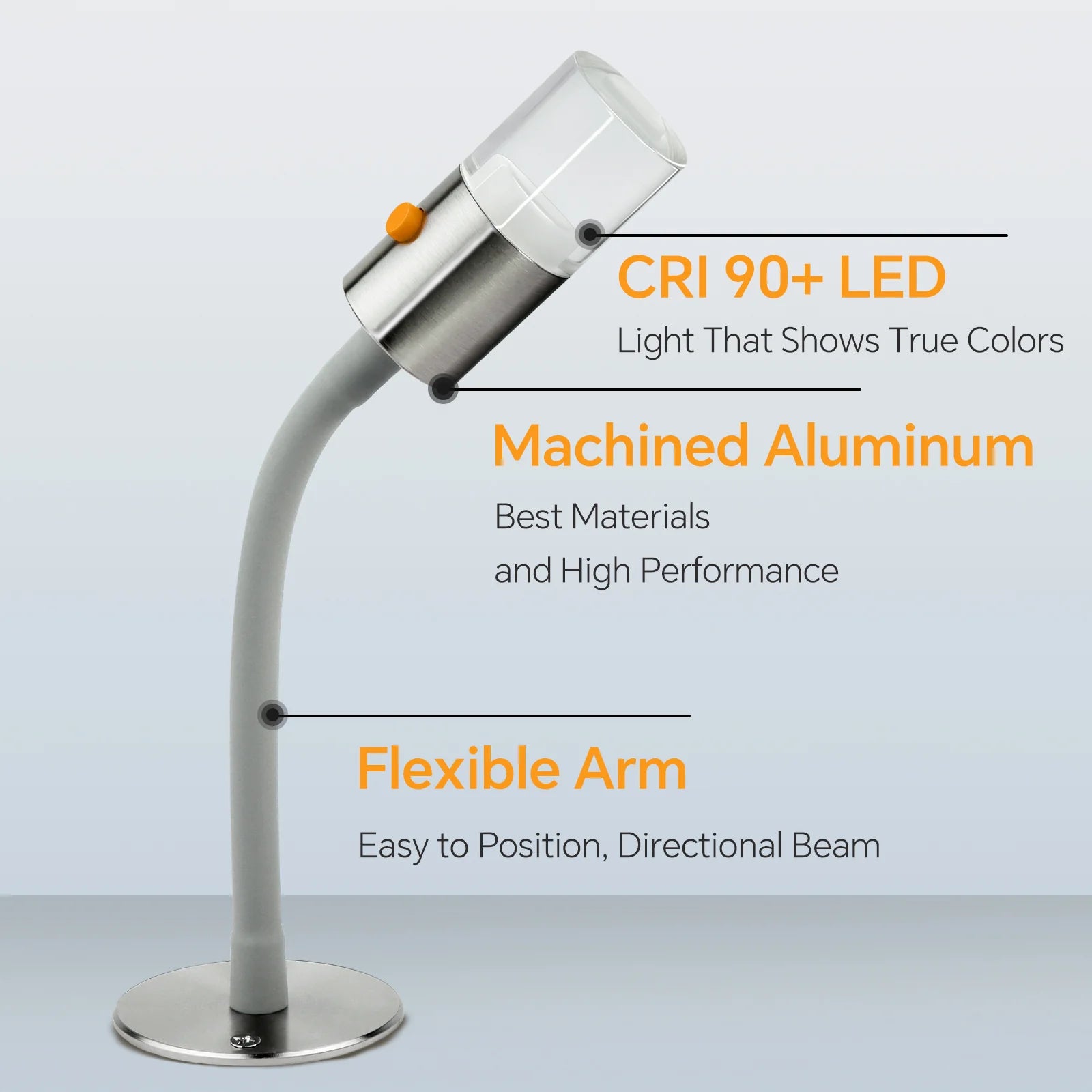 LED reading light with dimming feature in aluminum