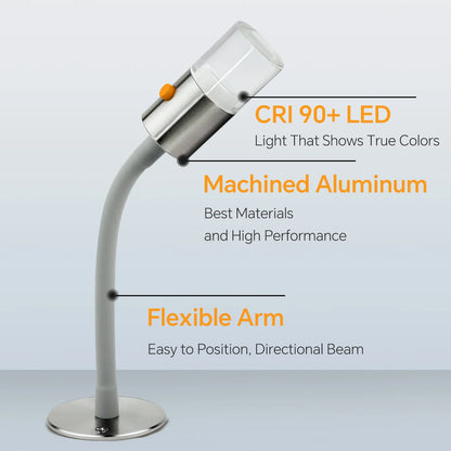 LED reading light with dimming feature in aluminum
