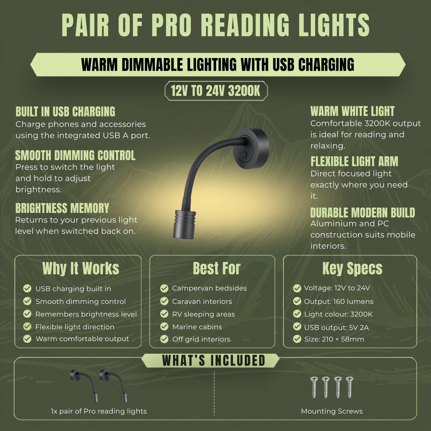 Pair of Pro LED reading lights with USB charging and touch dimming for caravans