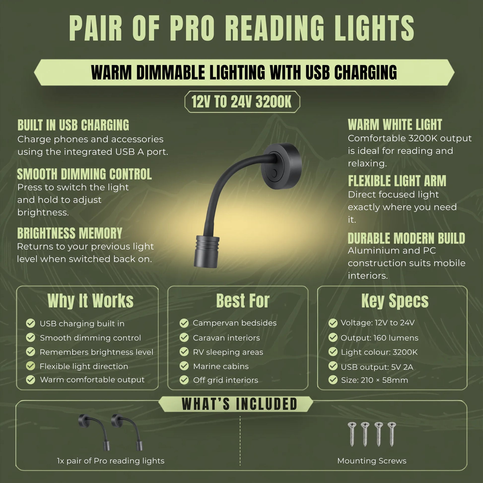 Pair of Pro LED reading lights with USB charging and touch dimming for caravans