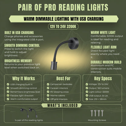 Pair of Pro LED reading lights with USB charging and touch dimming for caravans