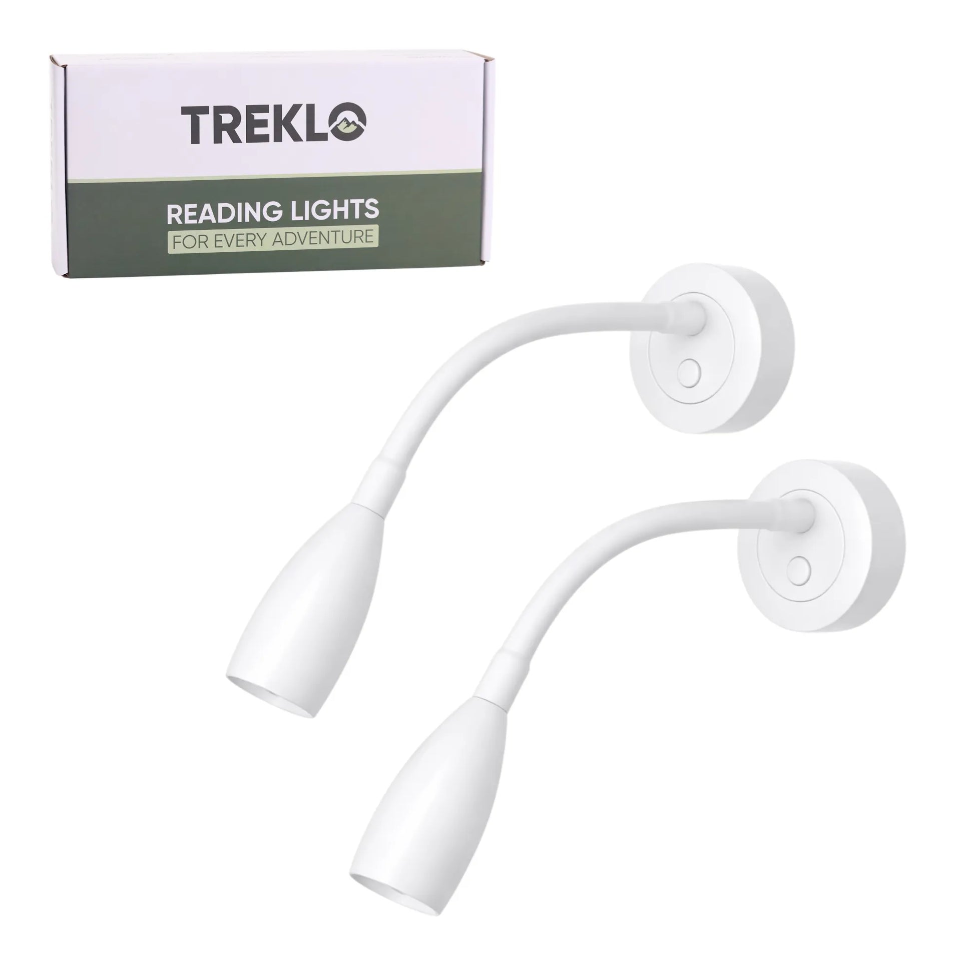 Pair of white Max LED reading lights with USB C charging and touch dimming for caravans