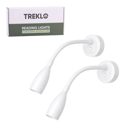 Pair of white Max LED reading lights with USB C charging and touch dimming for caravans