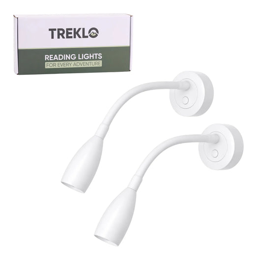 Pair of white Max LED reading lights with USB C charging and touch dimming for caravans