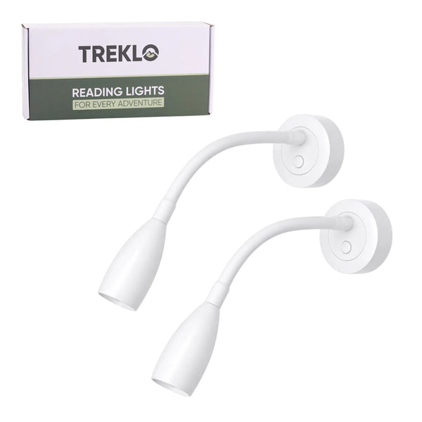 Pair of white Max LED reading lights with USB C charging and touch dimming for caravans