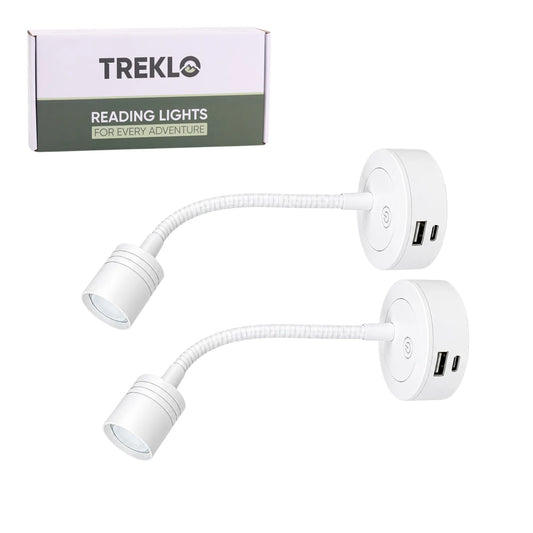 Pair of white Pro LED reading lights with USB C and USB A charging and dimming