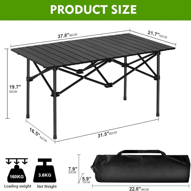 black collapsible camping table with carry bag for caravan touring and quick pack down