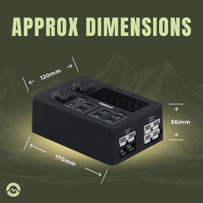 Off grid power box with USB C PD charging and multiple 12v outlets