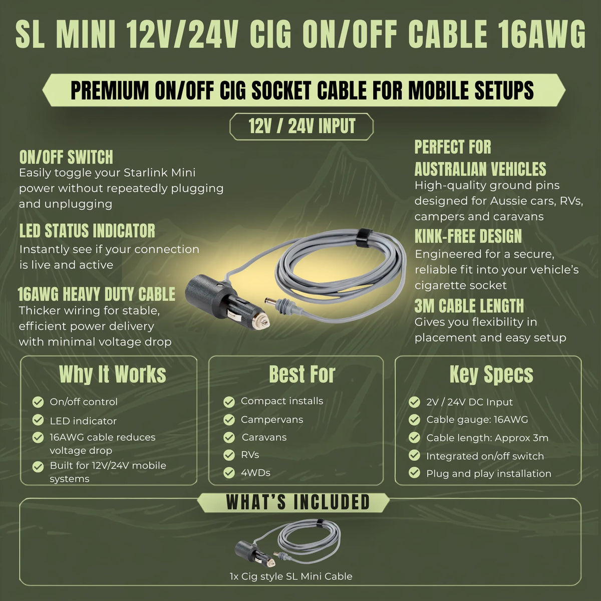 Heavy duty Starlink Mini cigarette plug cable for caravan and campervan power systems