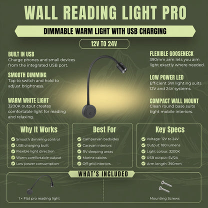 Pro LED reading light with touch dimming for comfortable bedside lighting
