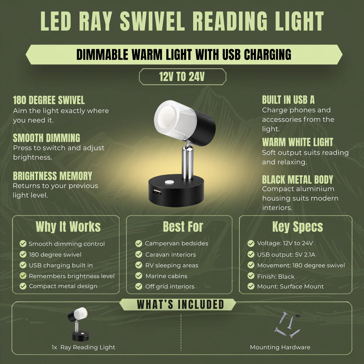 Black Ray swivel LED reading light for adjustable campervan bedside lighting